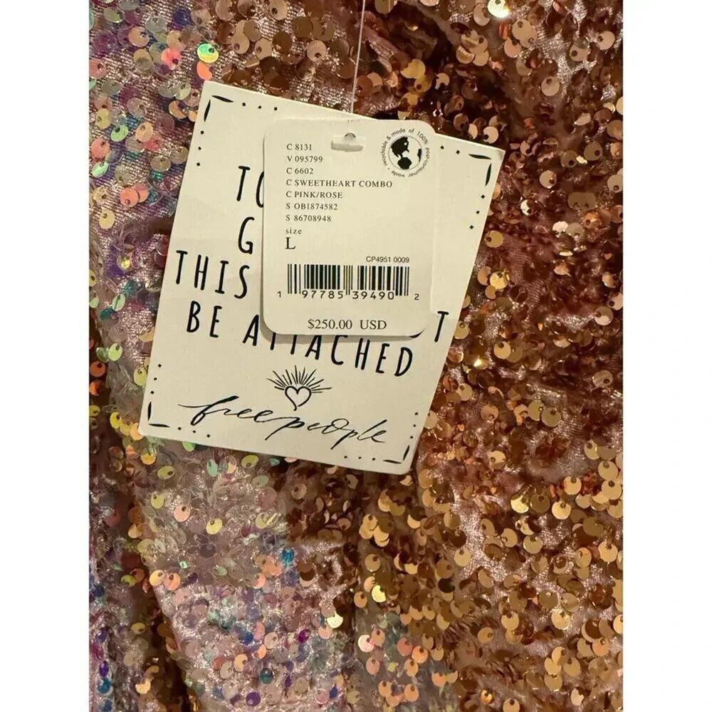 Free People Glitter Gold Pink Sequin Plunging V Neck Midi Dress Large L NWT - Picture 7 of 7